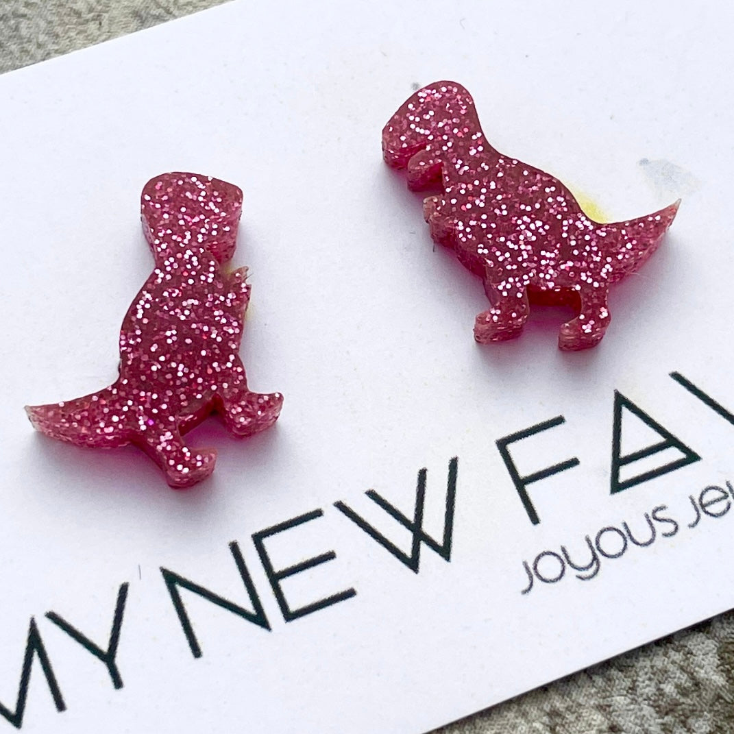 Pink Glitter T-Rex stud earrings