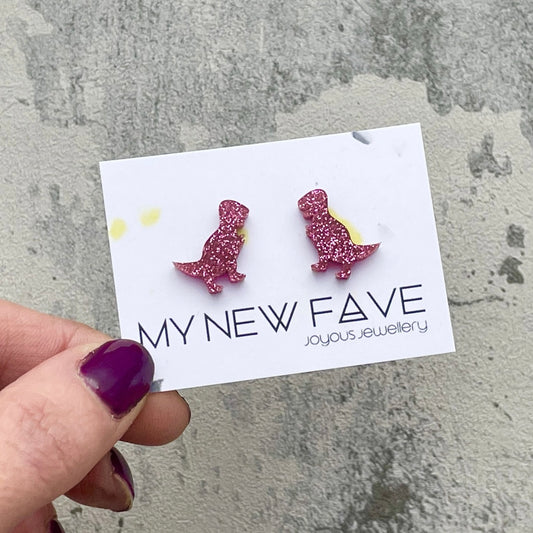 Pink Glitter T-Rex stud earrings