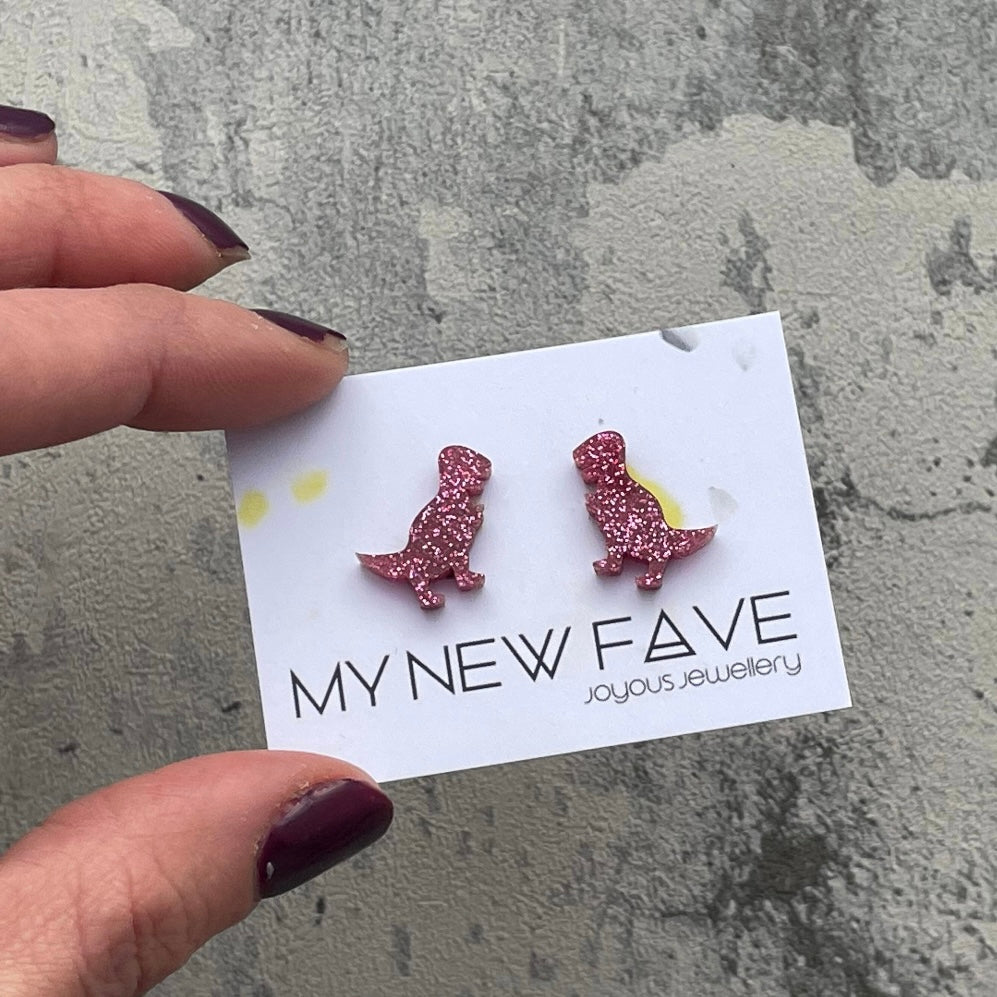 Pink Glitter T-Rex stud earrings