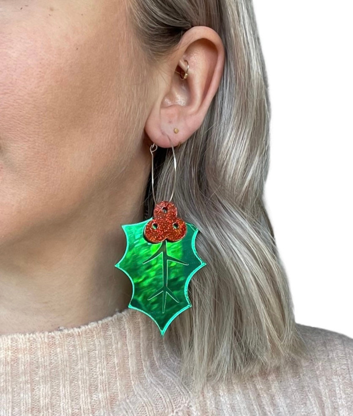 Christmas Holly Hoop earrings